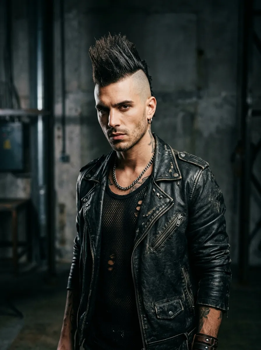Bold male model with mohawk inspired skin fade undercut, central strip of hair styled upward, shaved faded sides, dramatic studio lighting, edgy fashion portrait