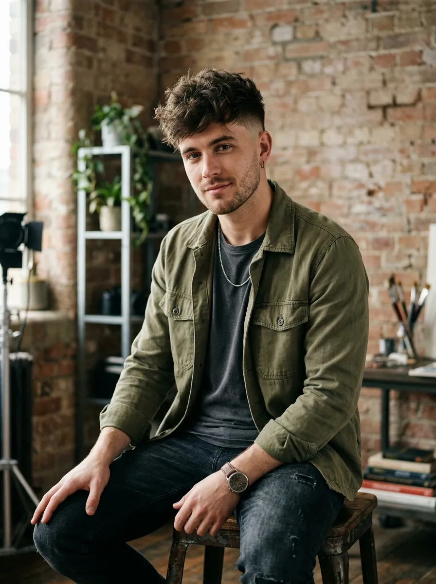Casual male model with messy textured hair on top and skin fade undercut, natural tousled look, matte styling finish, urban studio portrait, soft cinematic lighting
