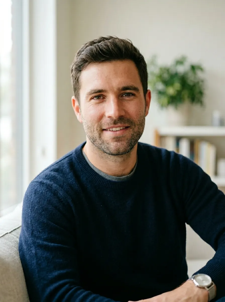 Clean professional portrait of a handsome man in his late twenties with heavy stubble beard