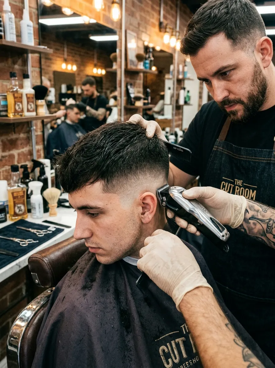 Close up barbershop scene showing a barber performing a skin fade undercut haircut on a male client