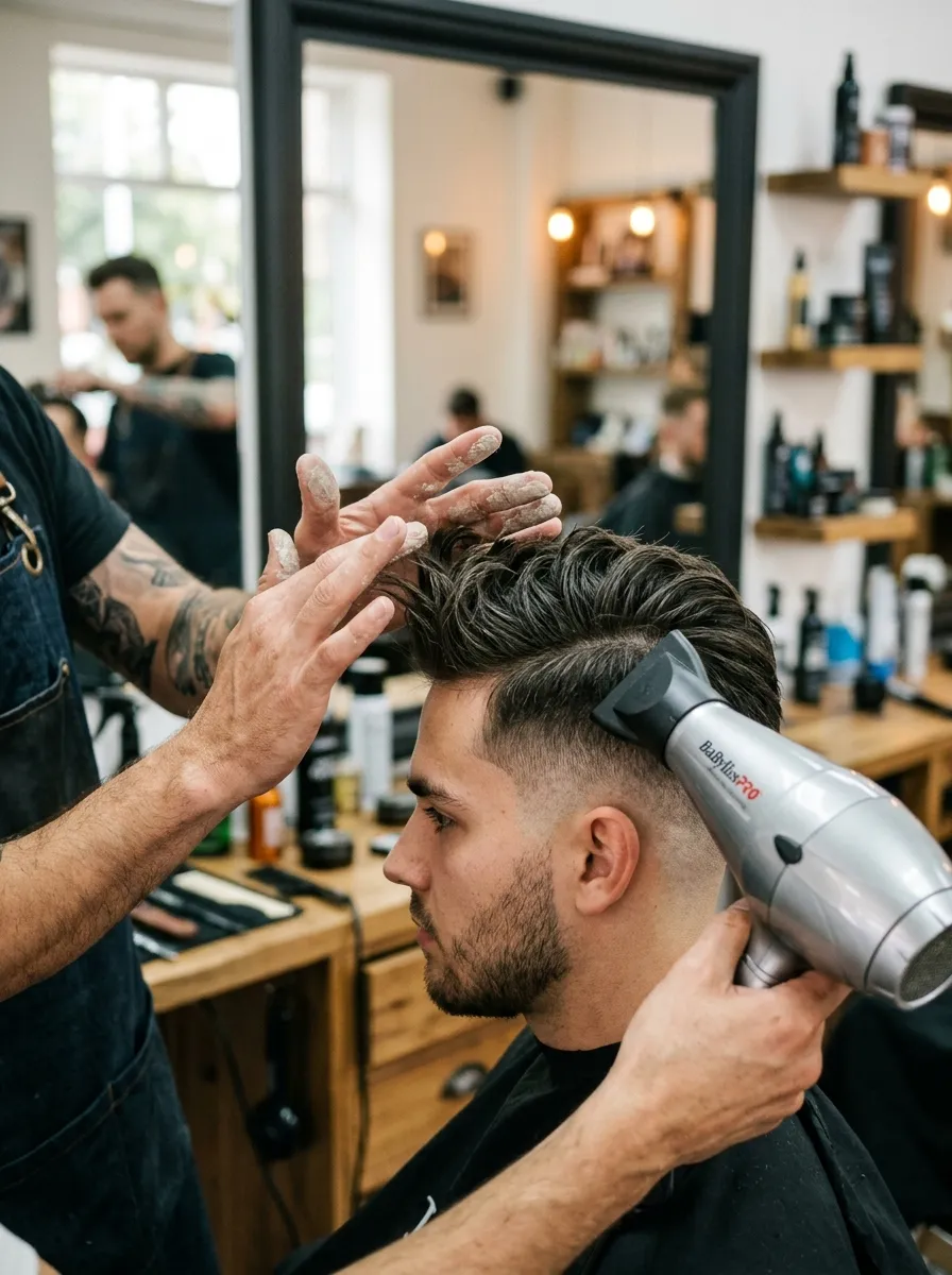 Close up hands styling a man’s hair with matte clay in a modern barbershop mirror setup
