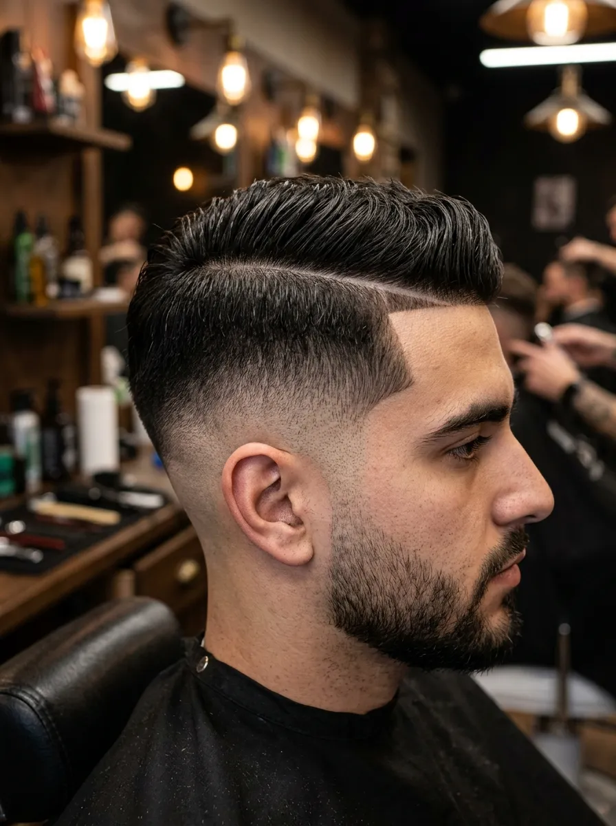 Close up of male haircut showing hard part line with skin fade undercut, sharp shaved line, precise barber detailing, professional barbershop lighting, ultra realistic close up