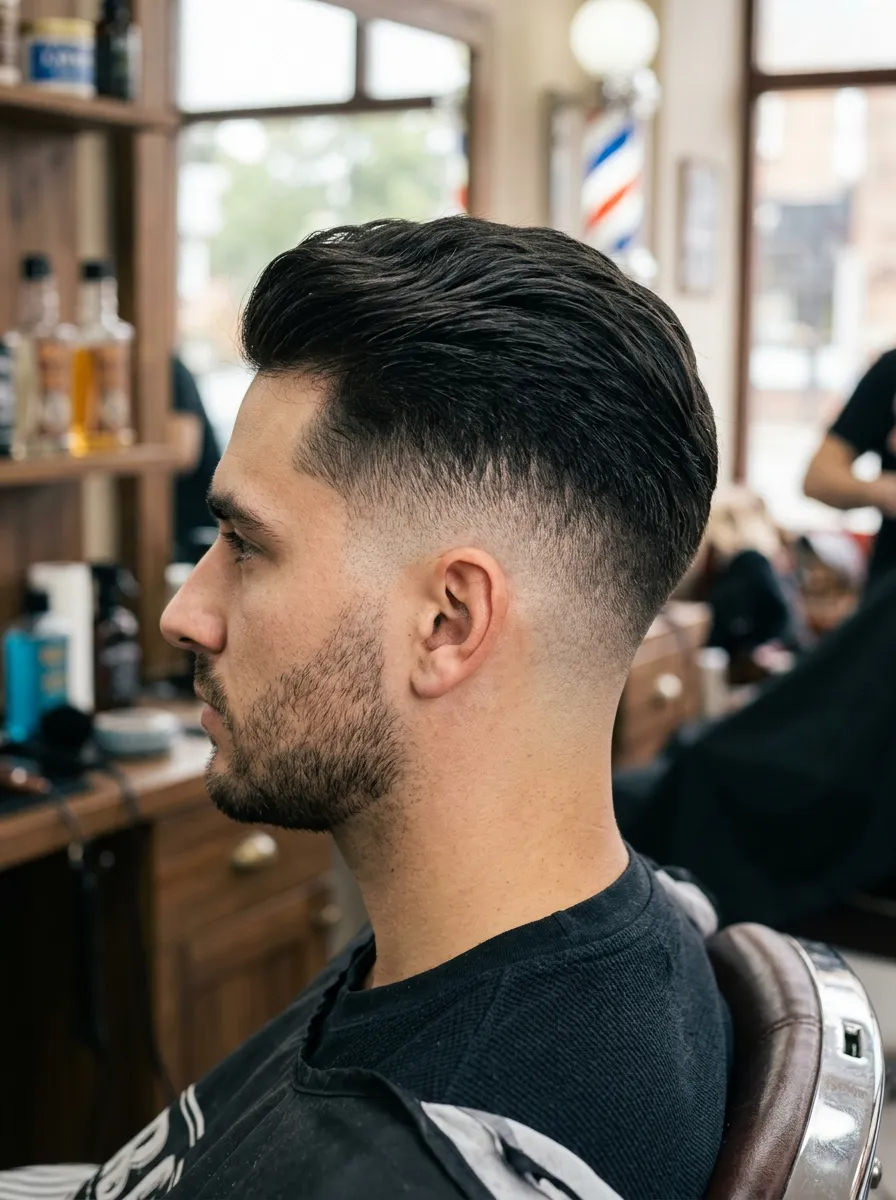 Close up of soft tapered skin fade undercut hairstyle, smooth gradual blending from skin to top, natural professional grooming look, clean lighting, high detail barber photography