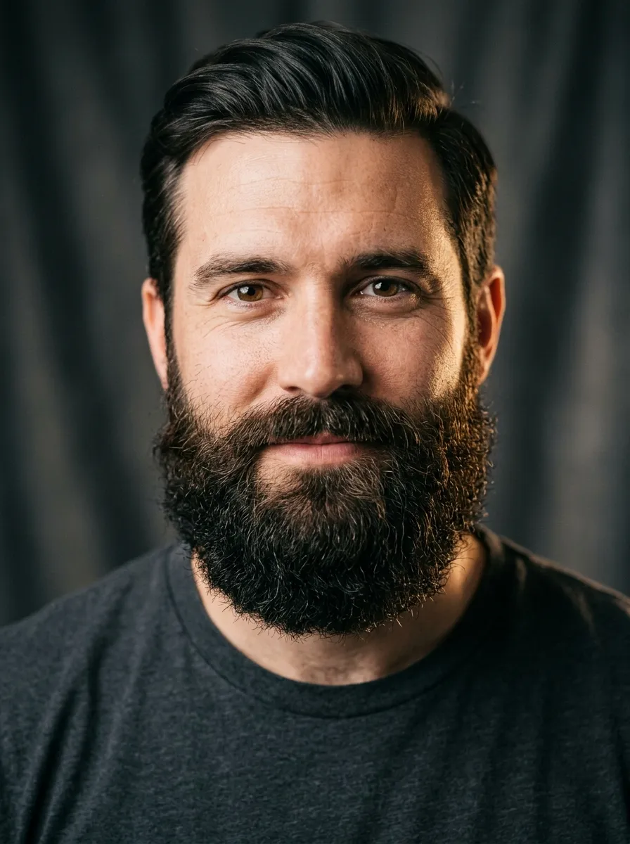 Close-up portrait of a man in his mid-thirties with a thick, dense full beard