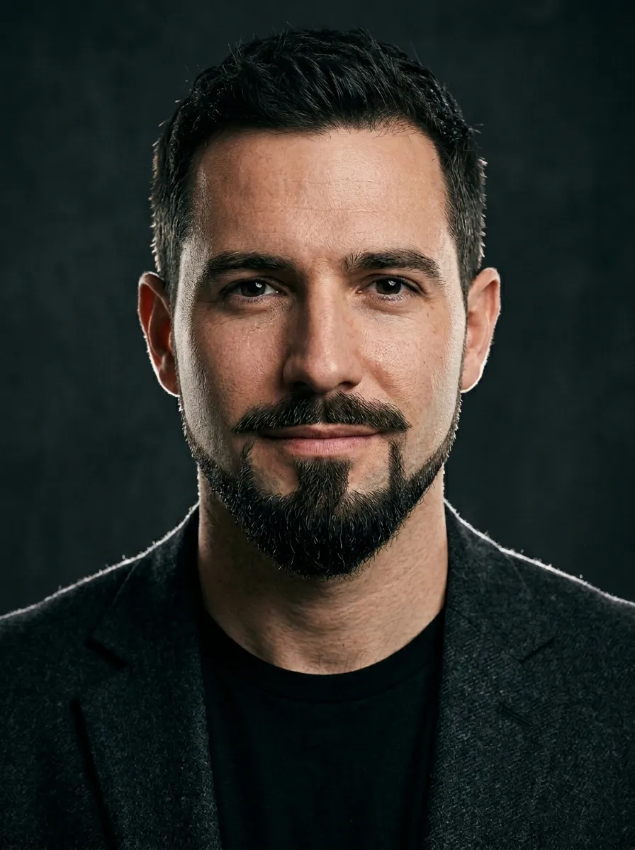 Close-up portrait of a man with a precisely groomed anchor beard