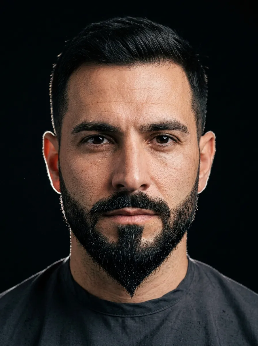 Close-up portrait of a man with a precisely sculpted ducktail beard
