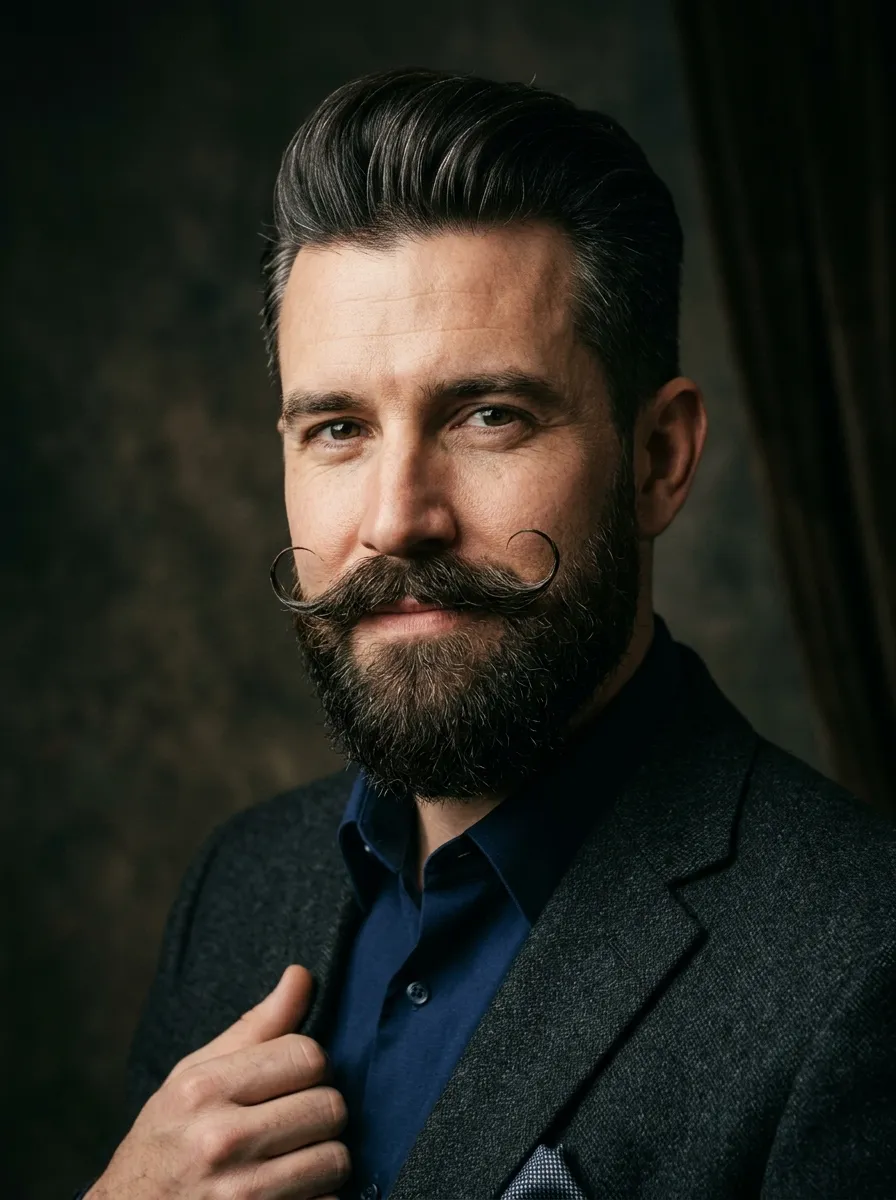 Editorial portrait of a stylish, well-groomed man featuring a waxed handlebar mustache