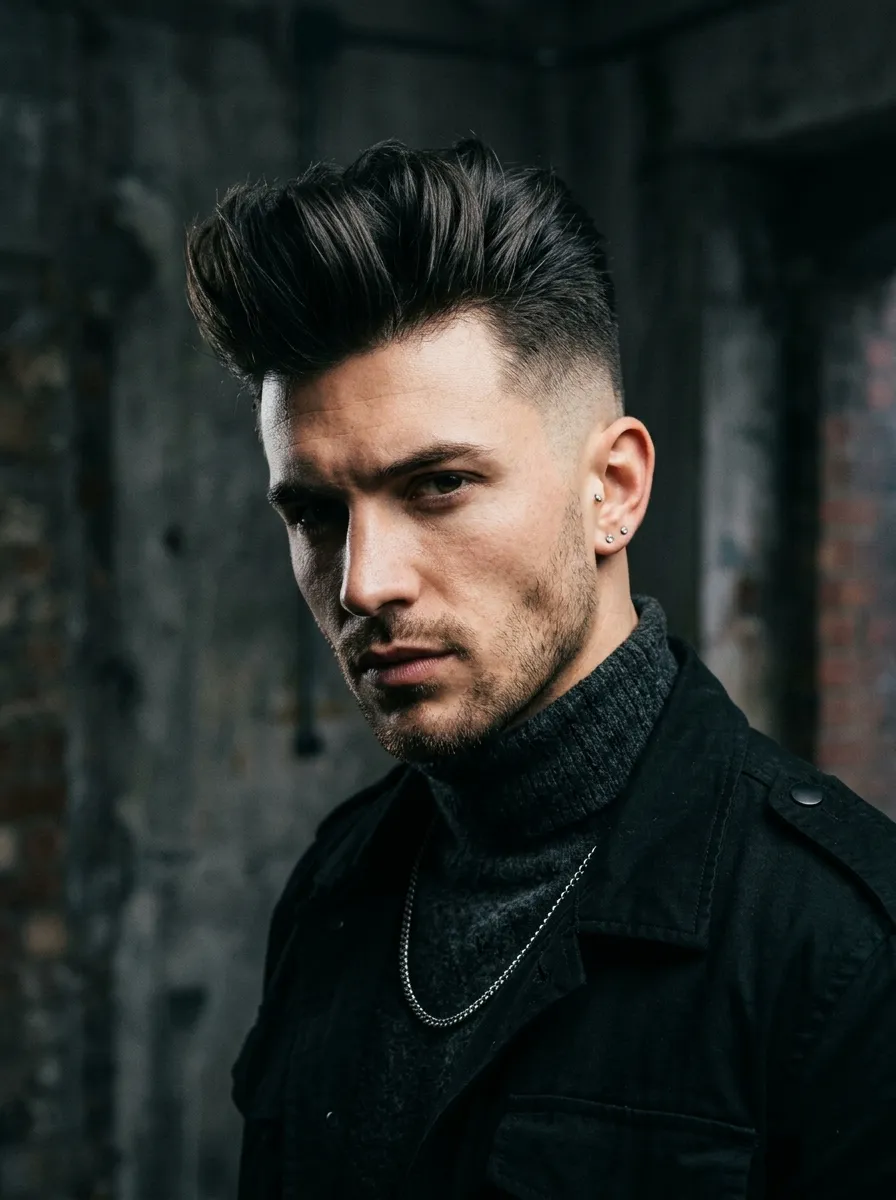Male model with brush up hairstyle and skin fade undercut, hair lifted upward with high volume, matte styling product, dramatic lighting, fashion editorial style