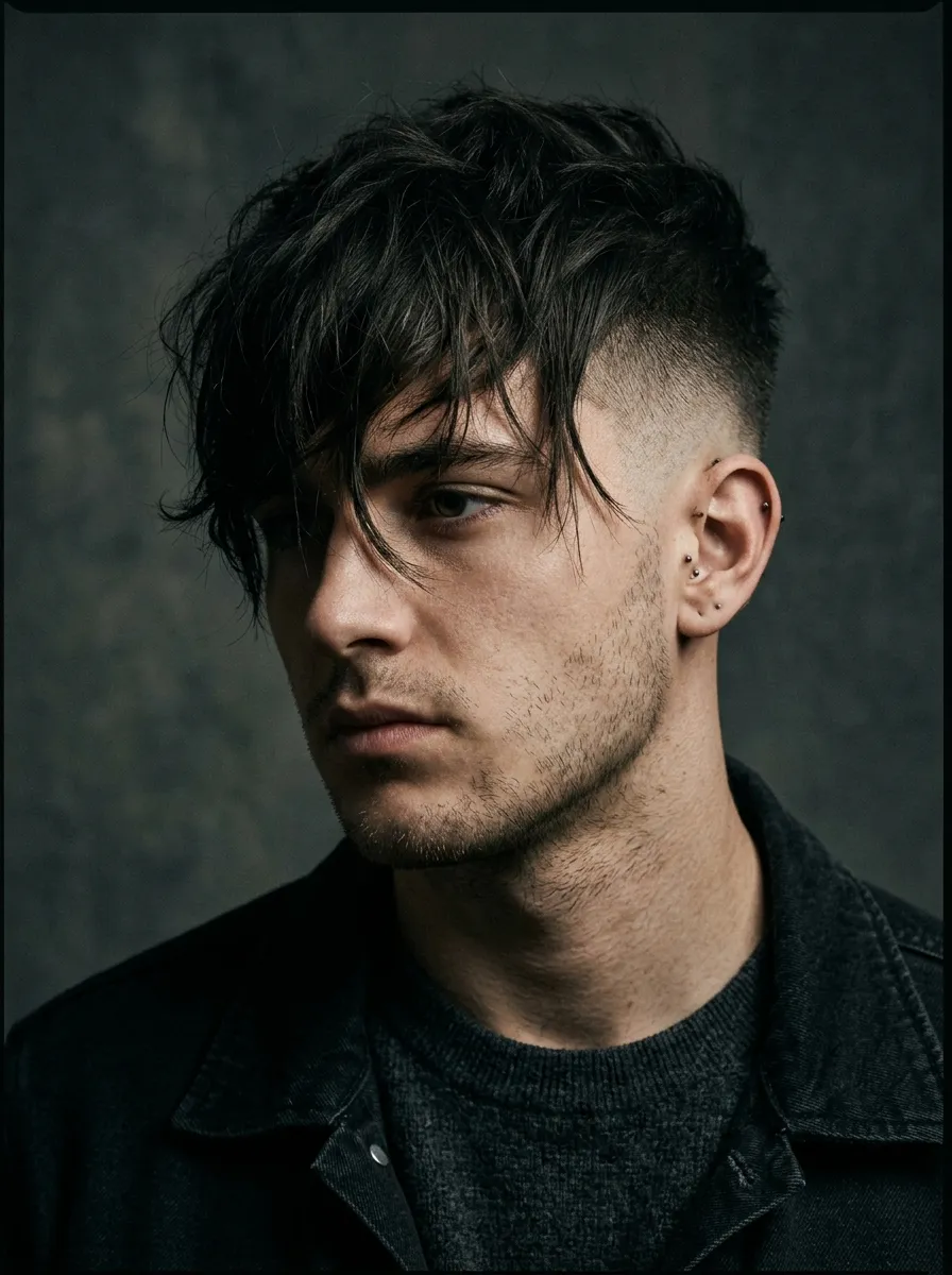 Male model with long fringe falling forward and skin fade undercut, dramatic fringe texture, sharp faded sides, moody studio lighting, cinematic portrait style