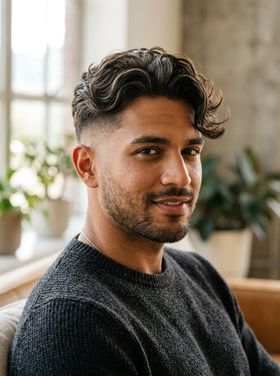 Male model with natural wavy hair on top and skin fade undercut, soft waves flowing, clean fade on sides, natural light studio portrait, realistic texture detail