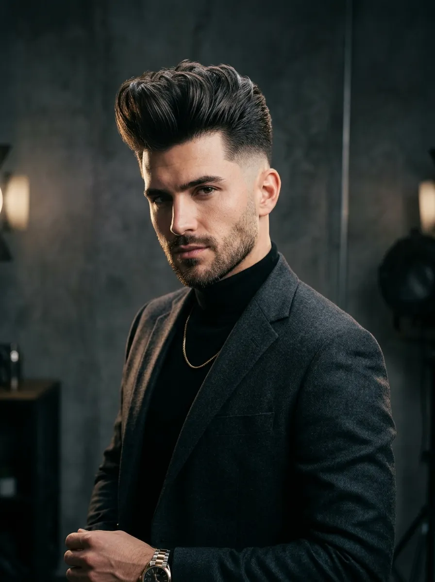 Male model with voluminous pompadour hairstyle paired with skin fade undercut, high volume front lift, clean sharp fade, dramatic studio lighting, luxury fashion editorial style, ultra detailed hair texture