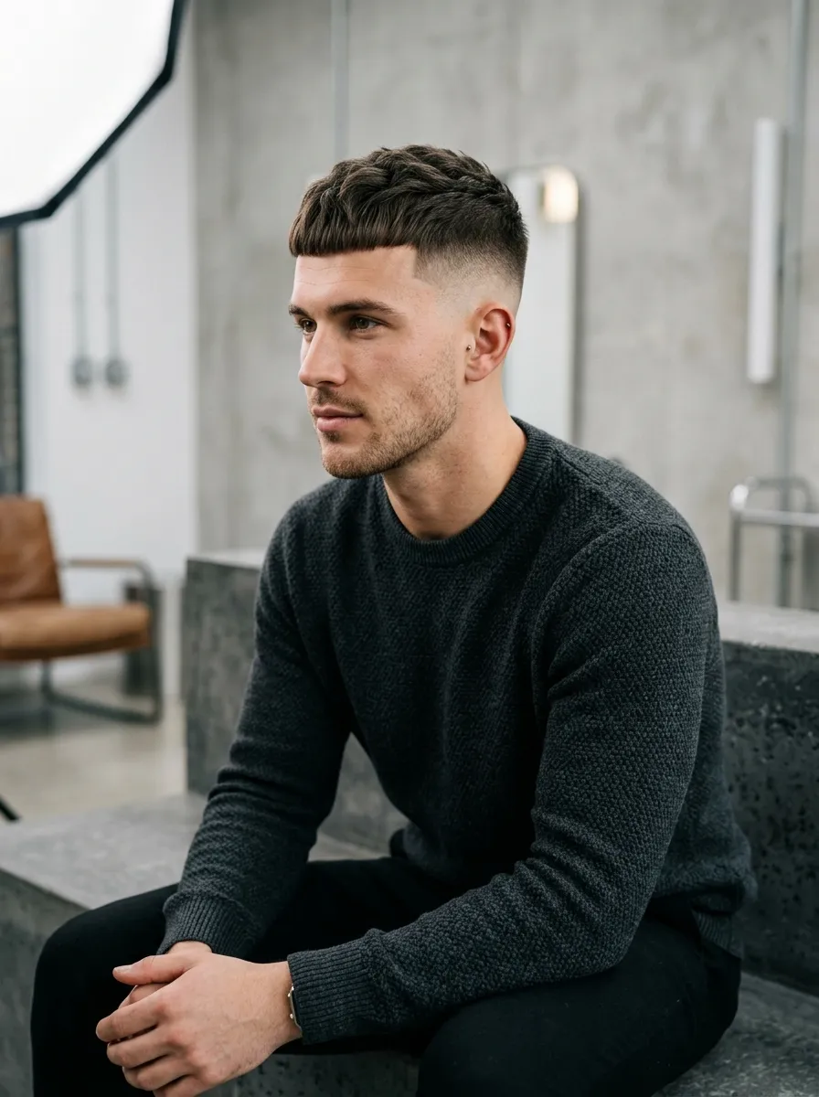 Man with French crop hairstyle and skin fade undercut, short fringe, minimal textured top, sharp fade edges, modern clean studio lighting, fashion editorial style