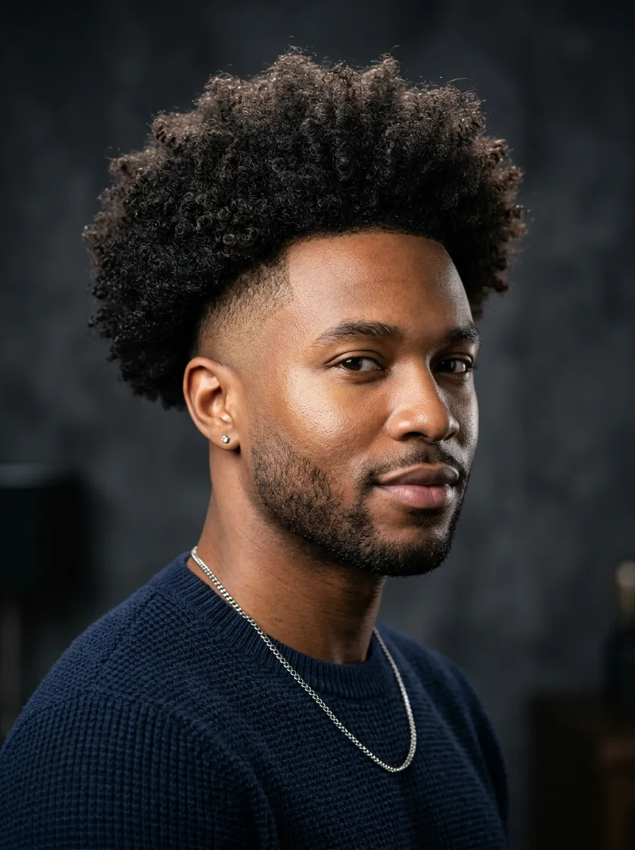 Man with afro textured top and clean skin fade undercut, sharp gradient fade, natural curls volume, studio fashion lighting, detailed hair texture, modern grooming portrait
