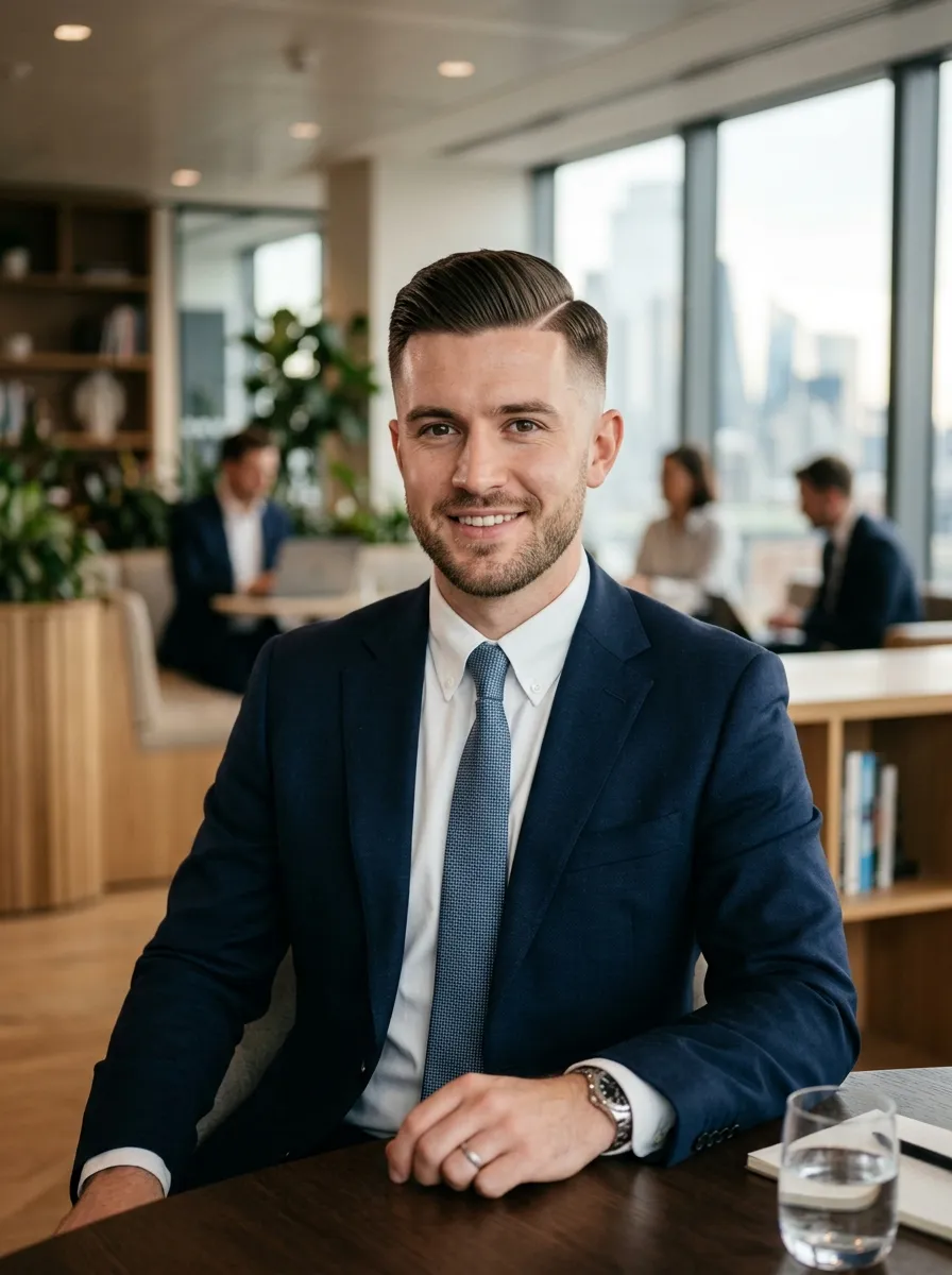 Man with clean side part hairstyle and skin fade undercut, precise parting line, polished professional look, soft studio lighting, corporate grooming style