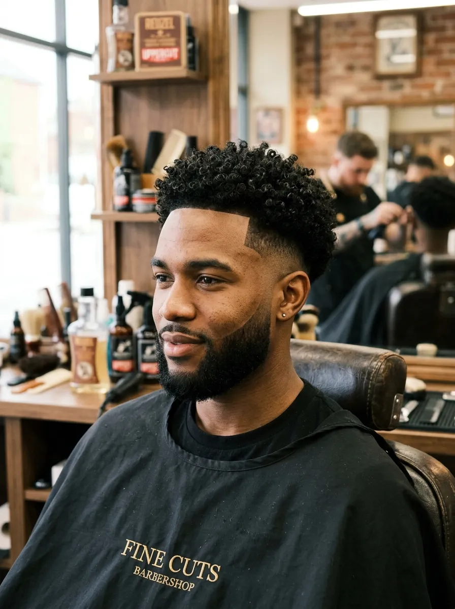 Man with natural curly hair on top and clean skin fade undercut on sides, defined curls, sharp fade contrast, soft natural lighting, realistic barbershop photography style