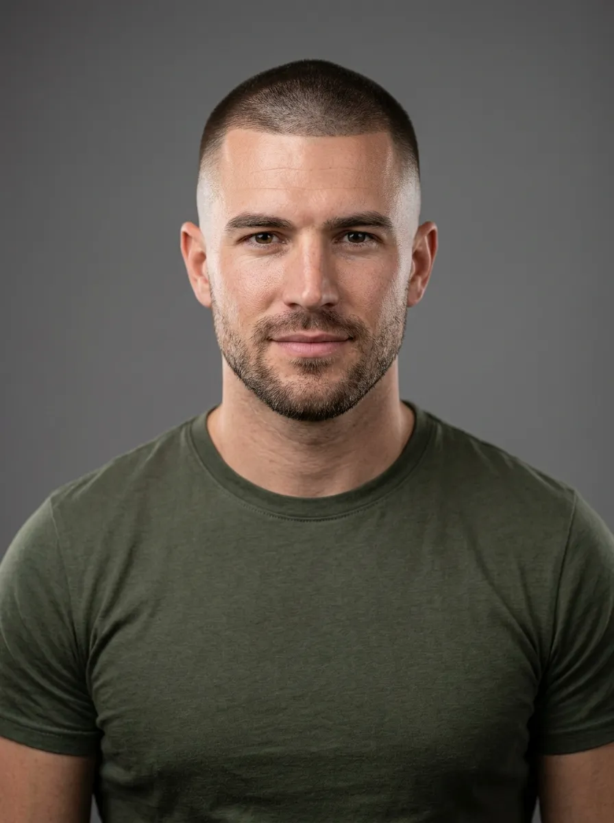 Man with ultra short buzz cut and skin fade undercut, very tight clean fade, military inspired grooming style, neutral studio background, sharp focus, realistic lighting