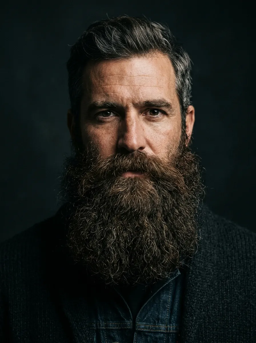 Portrait of a confident, rugged man in his forties with a wide full Garibaldi beard
