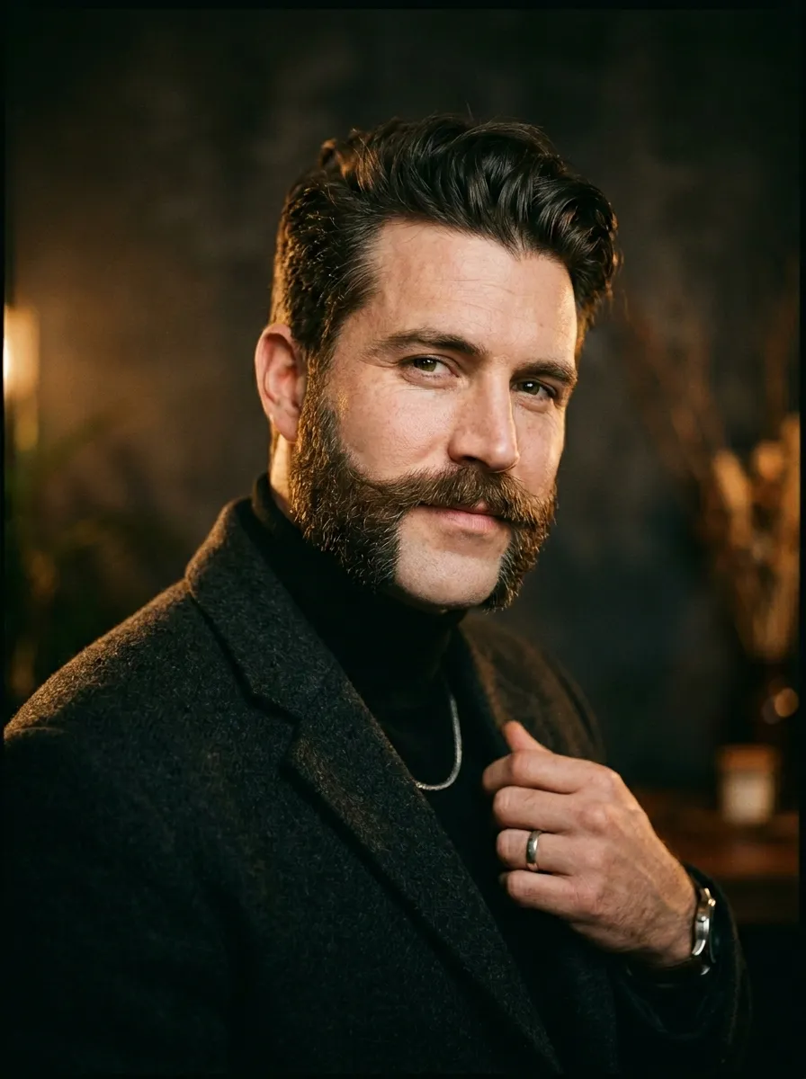 Portrait photograph of a bold, stylish man featuring modern mutton chops