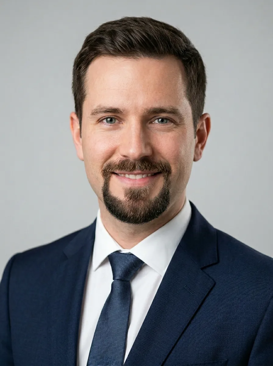 Portrait photograph of a professional-looking man in his thirties featuring a neat circle beard