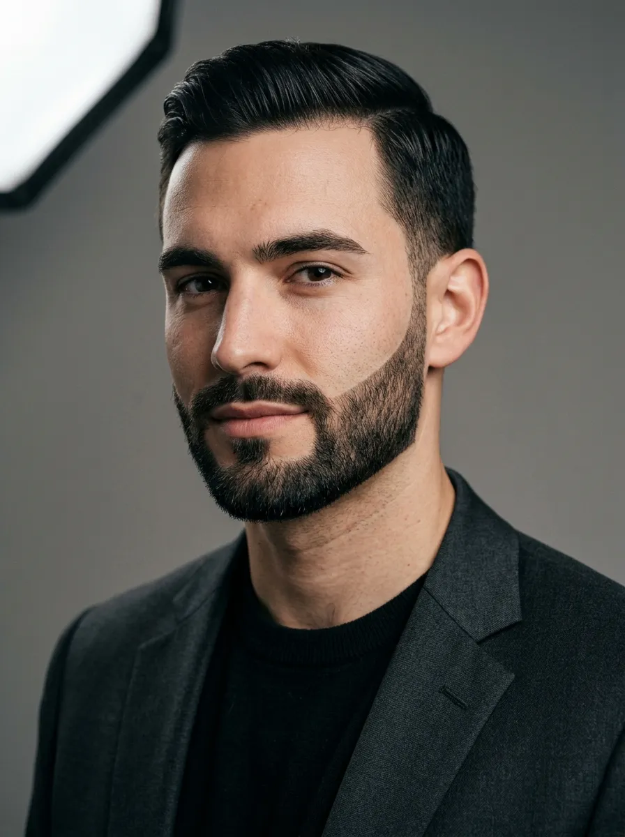 Portrait photograph of a well-groomed man in his late twenties with a short boxed beard