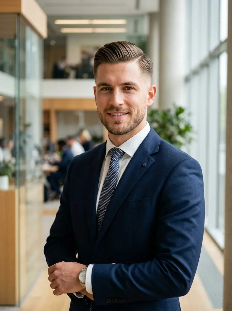 Professional male model with comb over hairstyle and skin fade undercut, neatly styled side sweep, clean fade transition, corporate fashion photography style, soft lighting