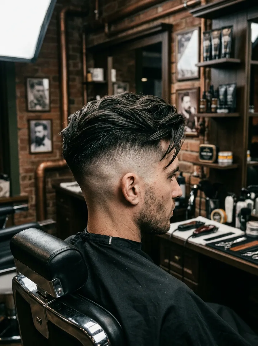 Sharp disconnected skin fade undercut showing strong contrast between long top and shaved sides, bold edgy haircut, dramatic lighting, high detail barbershop fashion photography