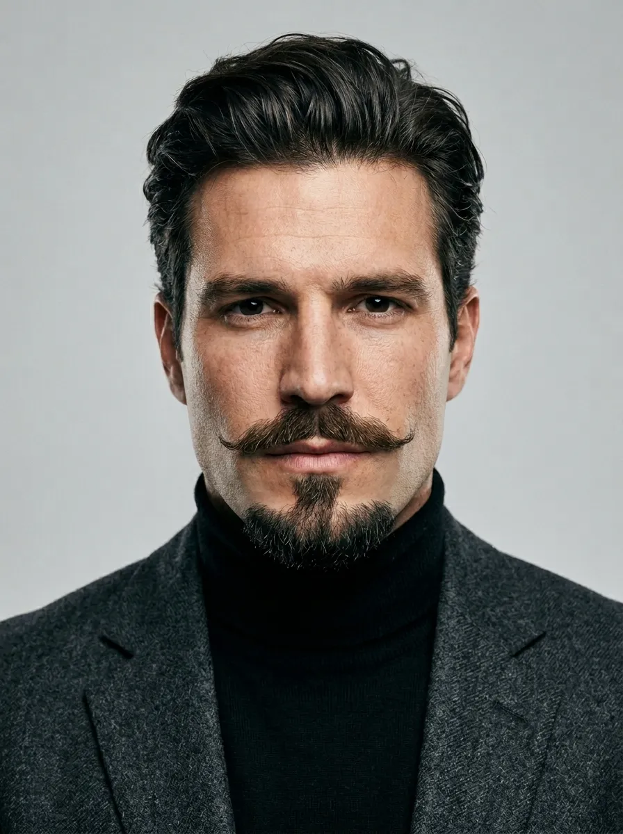 Sharp editorial portrait of a man in his thirties featuring a Balbo beard