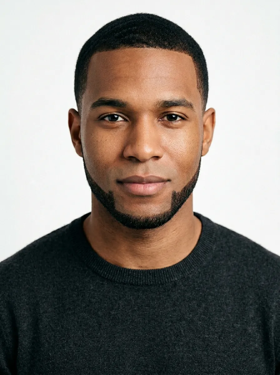 Sharp portrait photograph of a man with a clean chin strap beard