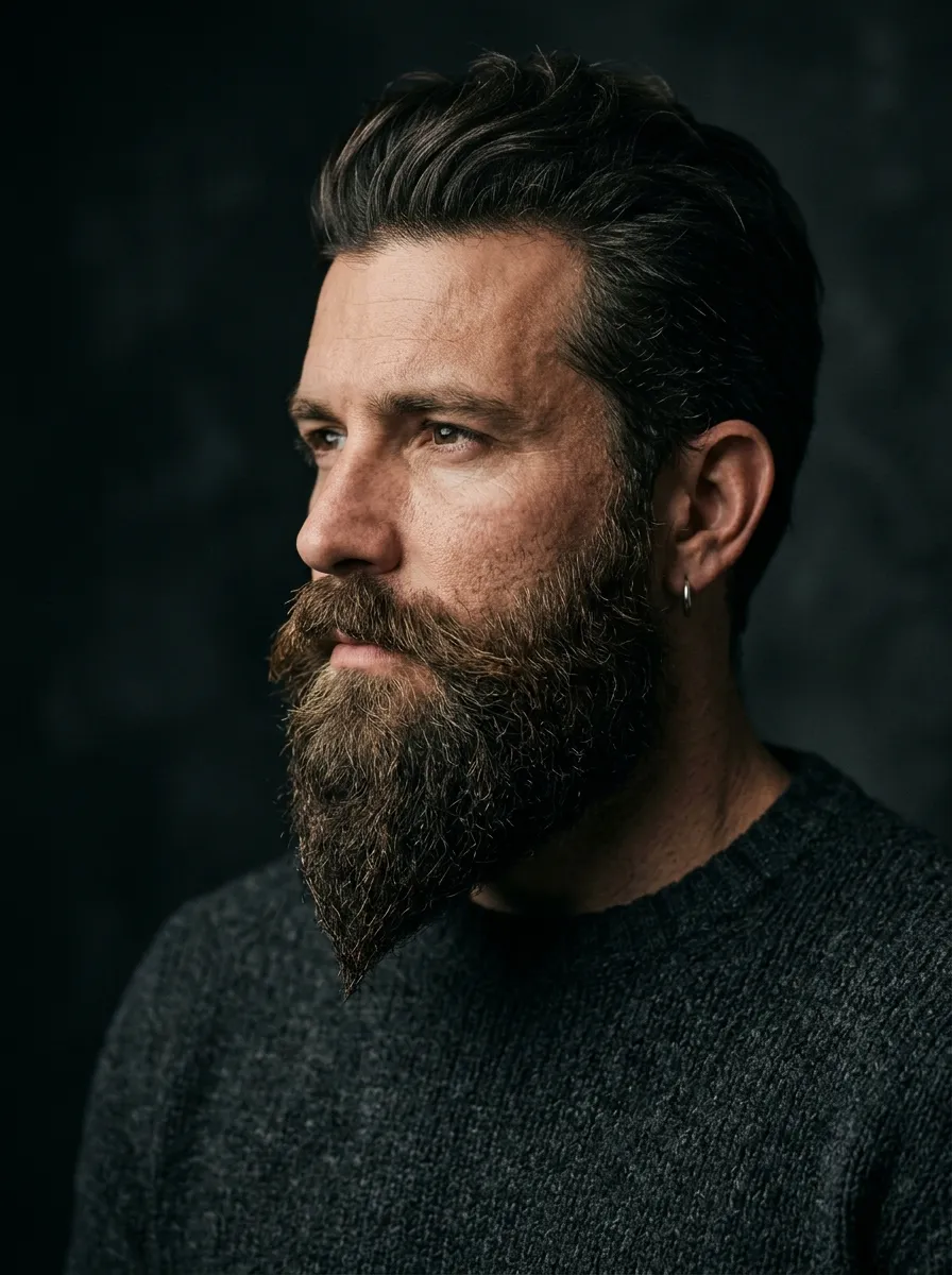 Side-angled portrait photograph of a rugged, well-groomed man with a full ducktail beard