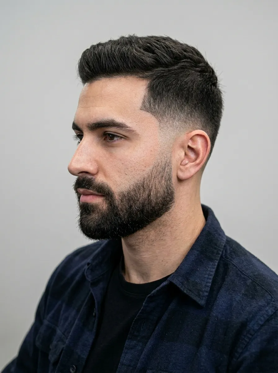 Side profile and three-quarter view portrait of a man showcasing a beard fade technique