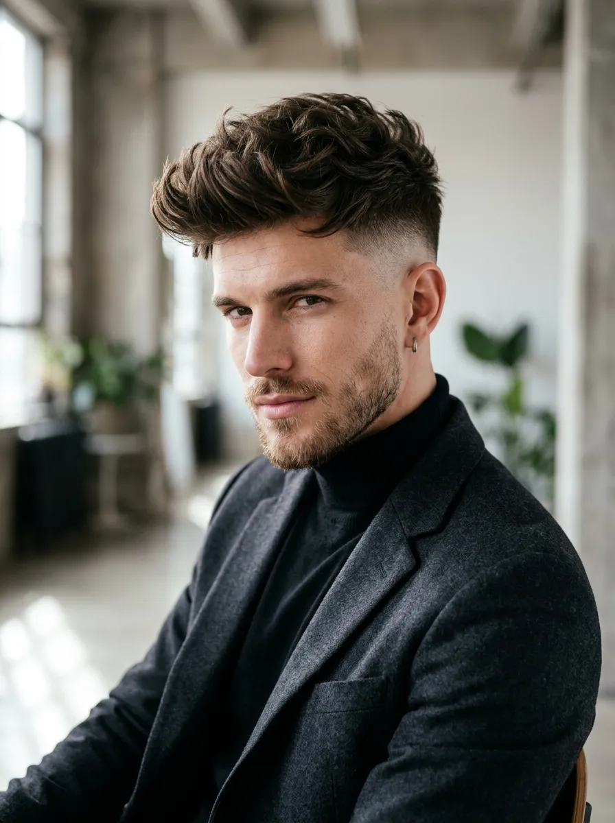 Stylish male model with layered voluminous top and skin fade undercut, textured layers adding depth, soft professional lighting, fashion editorial hairstyle focus, ultra realistic detail