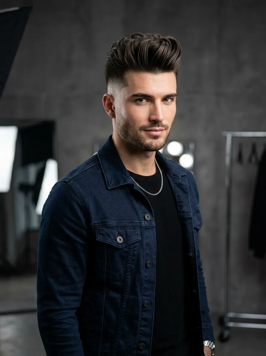 Stylish male model with quiff hairstyle and skin fade undercut, lifted front hair, structured volume, sharp faded sides, modern fashion studio lighting, crisp detail