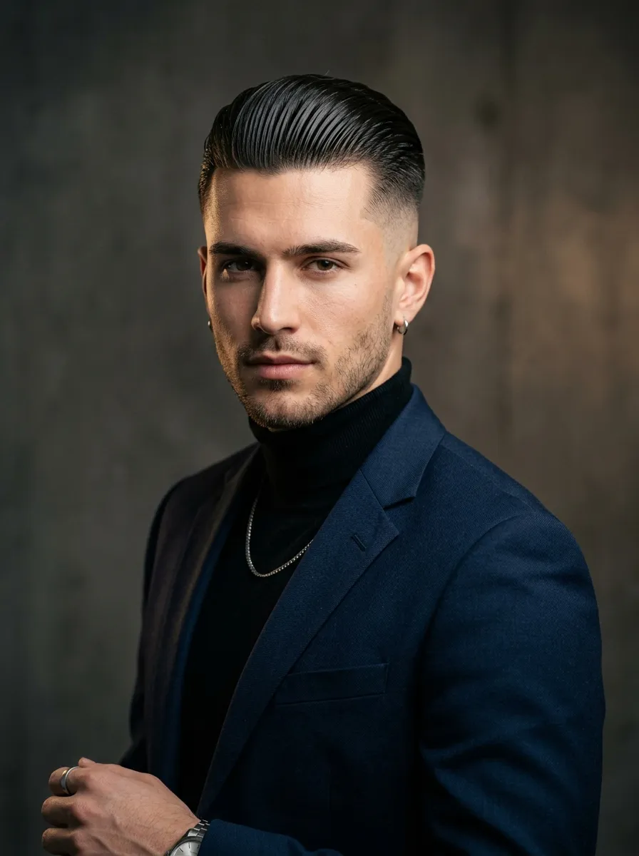 Stylish male model with slick back skin fade undercut hairstyle, hair combed neatly backward with shiny finish, sharp skin fade on sides, studio lighting, clean modern fashion portrait, high detail hair text