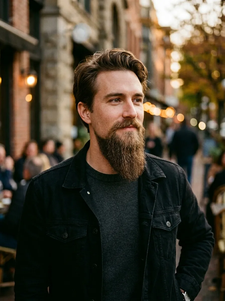 Three-quarter angle portrait of a man featuring an extended goatee