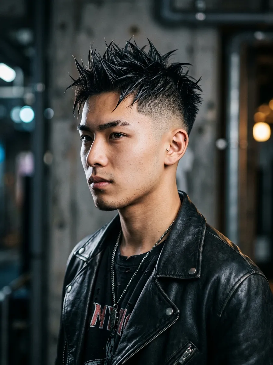 Young man with spiky hair styled upward and skin fade undercut, sharp spikes with styling gel effect, clean faded sides, dynamic studio lighting, modern edgy fashion portrait