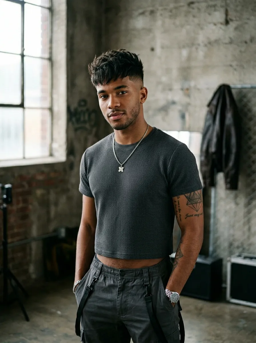 Young man with textured crop top and skin fade undercut, messy natural texture on top, matte finish, sharp faded sides, urban studio photography style, soft lighting, realistic grooming detail
