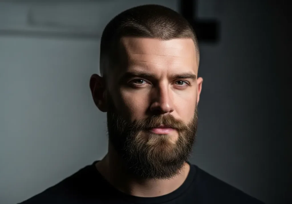 Haircut For Triangle Shape Face
Buzz Cut with Defined Beard
