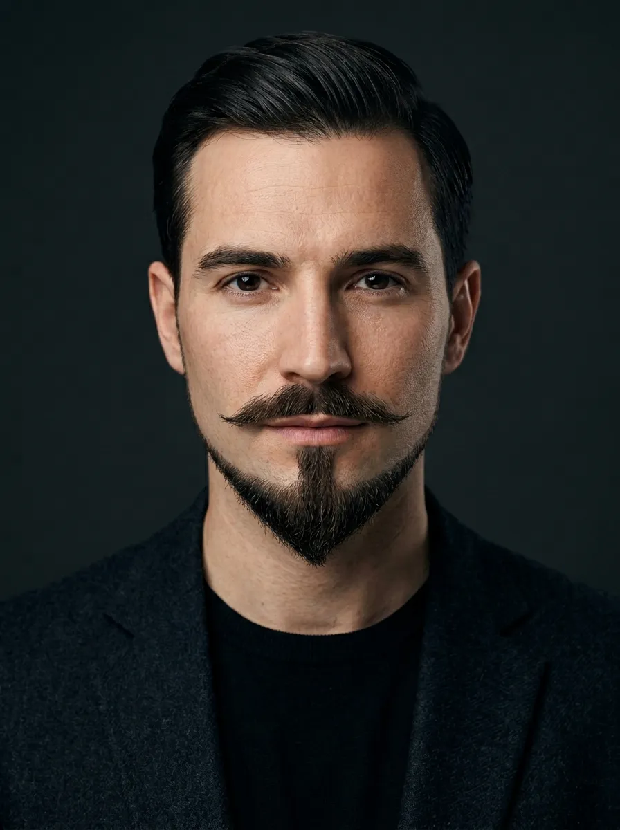 A close-up front portrait of a man with a precisely shaped anchor beard