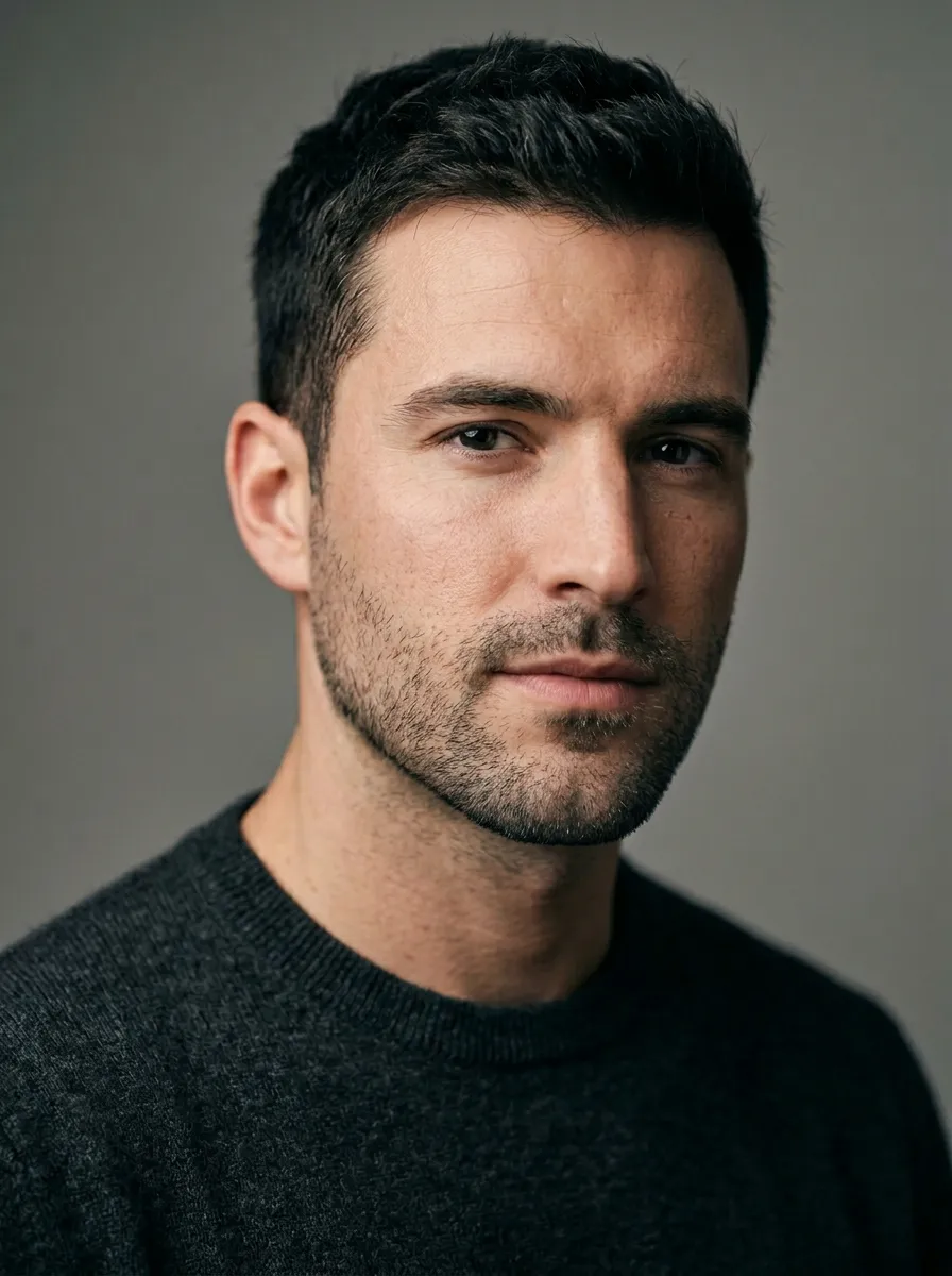 A close-up portrait of a man in his late 20s with a perfectly maintained two to three millimeter dark stubble beard