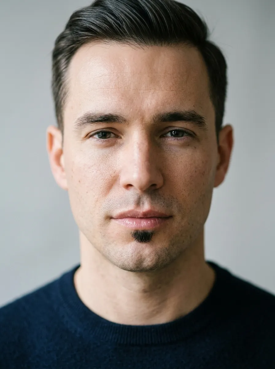 A close-up portrait of a man with a small, neat soul patch just below the lower lip against a clean-shaved face
