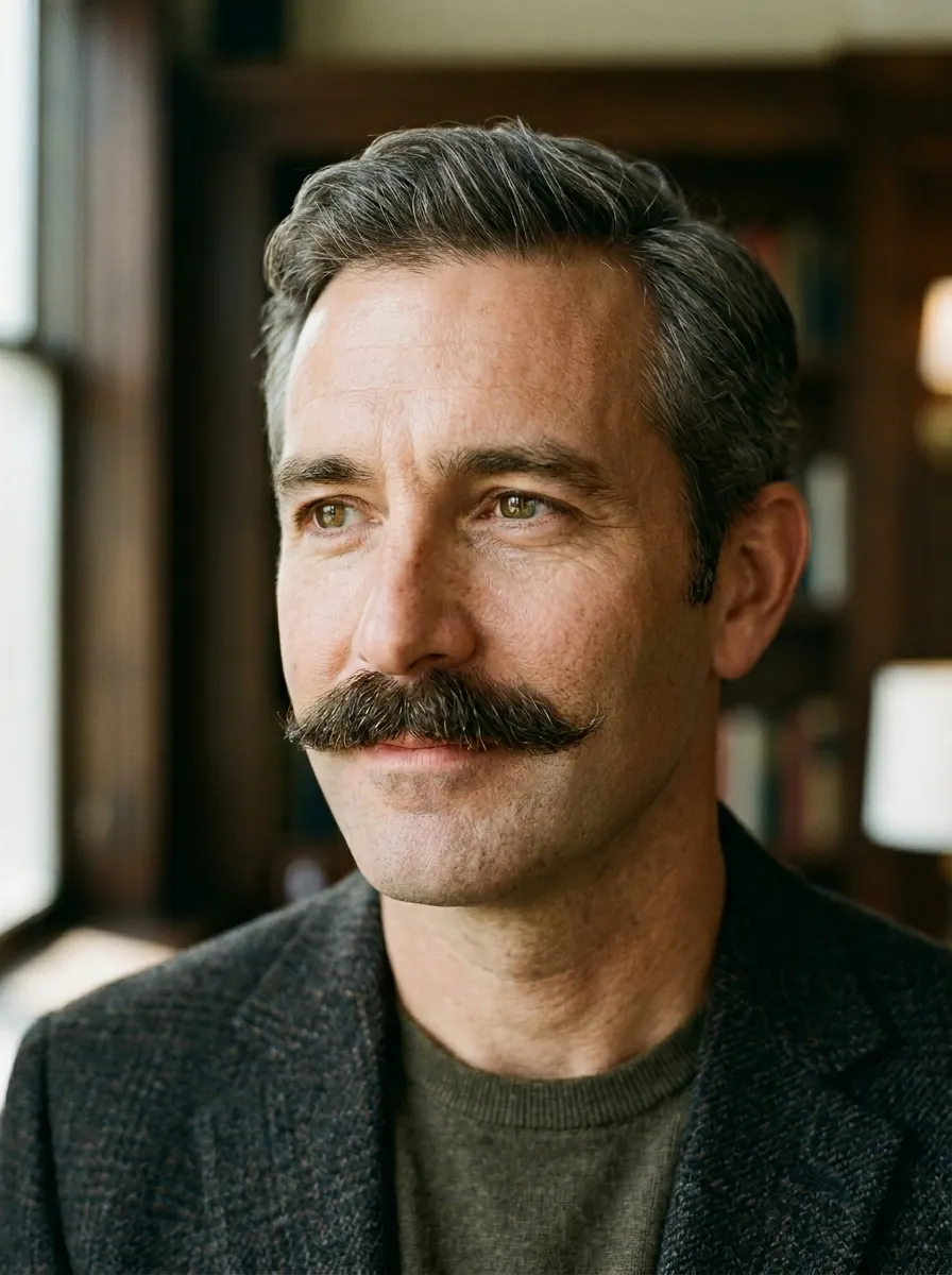 A close-up portrait of a man with a thick classic chevron mustache