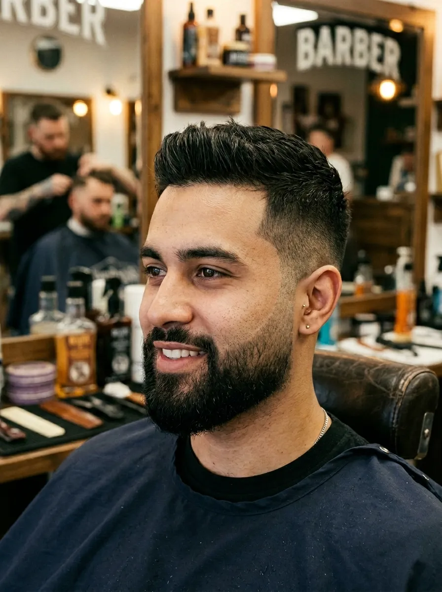 A close-up portrait of a man with a well-executed beard fade