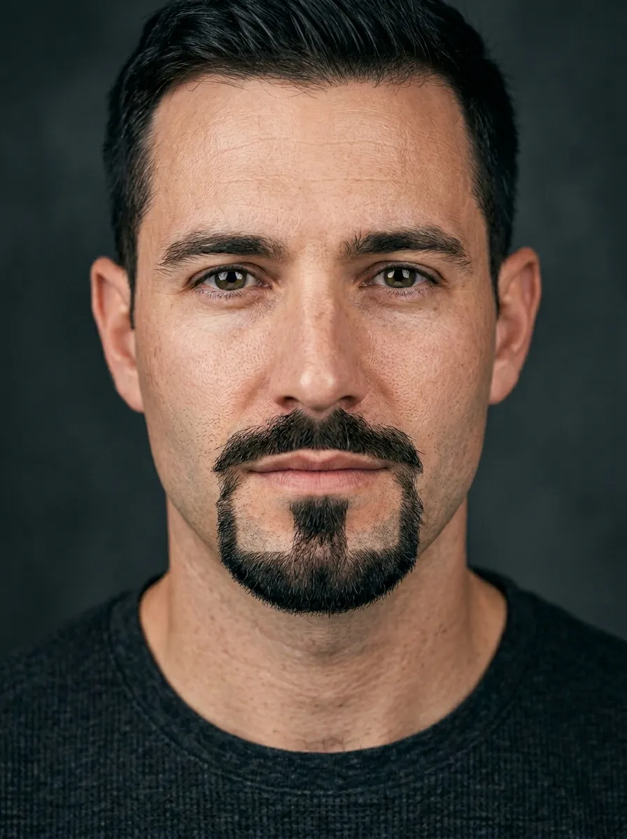 A front-facing close-up portrait of a man with a highly precise sculpted goatee