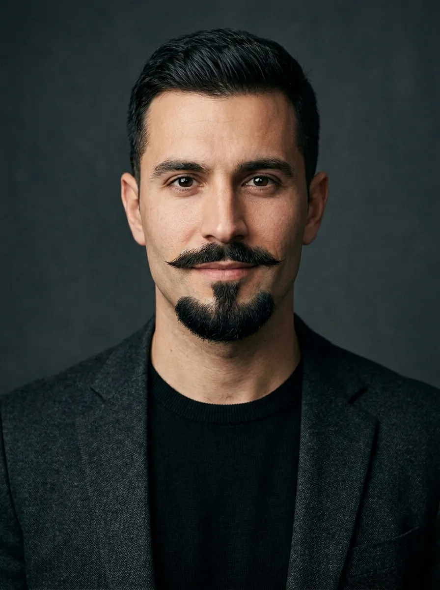 A front-facing portrait of a man with a Balbo beard