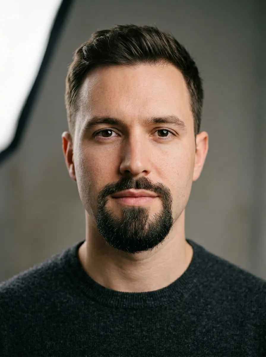 A front-facing portrait of a man with a clean classic goatee