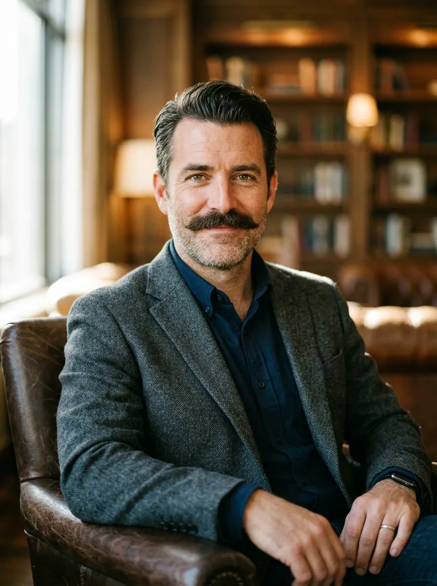 A portrait of a man with a bold, thick well-groomed mustache