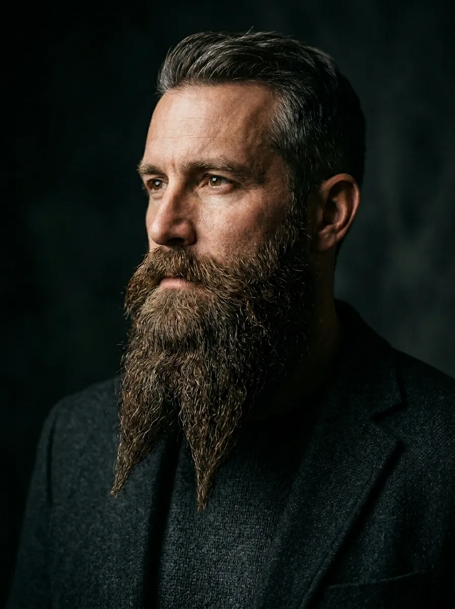 A portrait of a man with a full French Fork beard