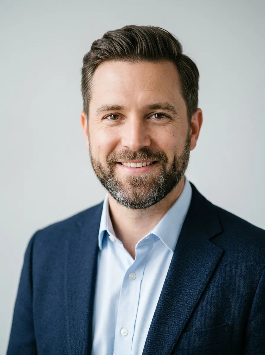 A portrait of a man with a short rounded beard