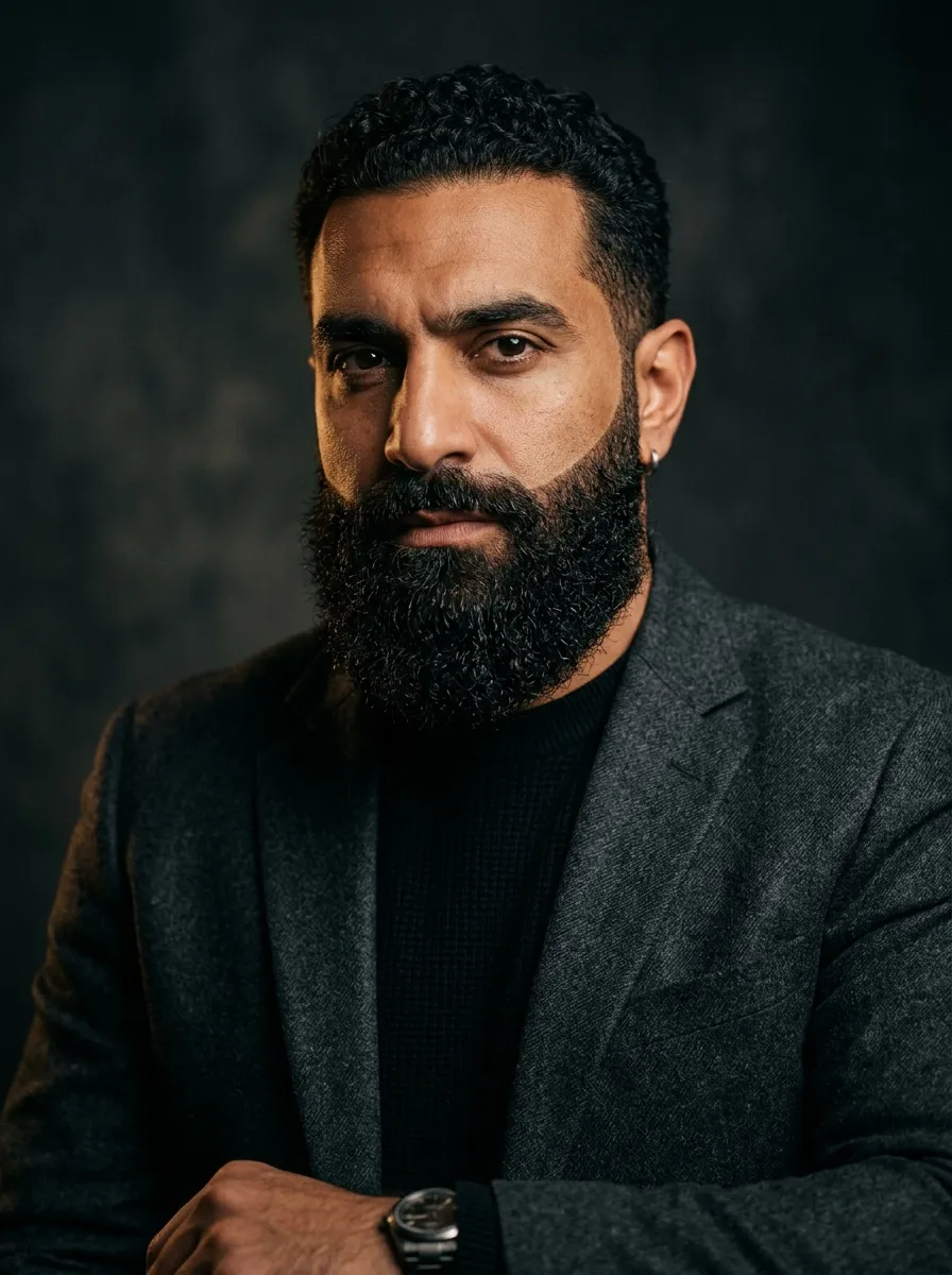 A powerful portrait of a man with a dense, full beard
