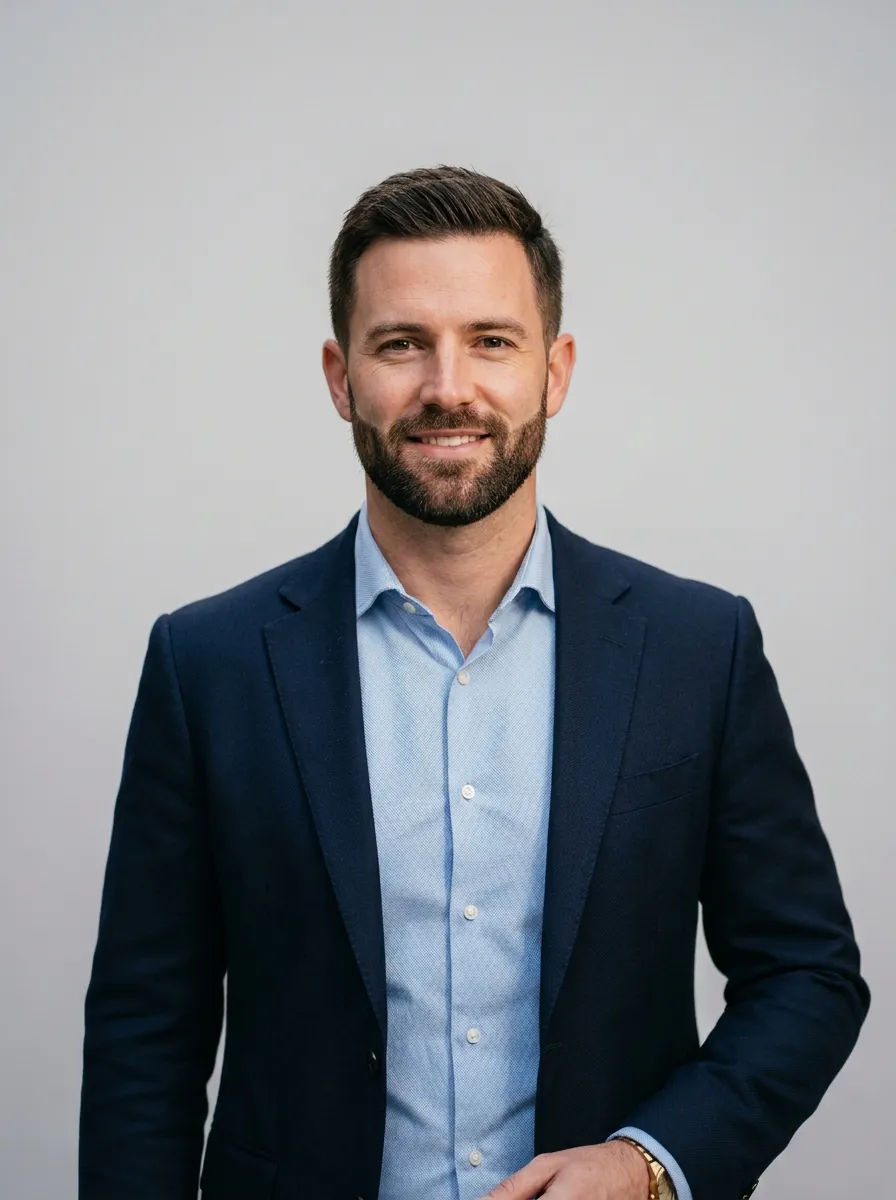A professional portrait of a man with a neatly trimmed short boxed beard